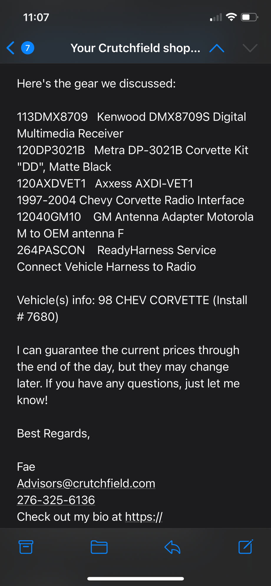 I went back and found the Crutchfield email.  Looking at this list now and factoring how much I�ve already spent on this car getting it how I want it, this really doesn�t seem that bad.  Guess for what I�m wanting I�m in it for close to $1k