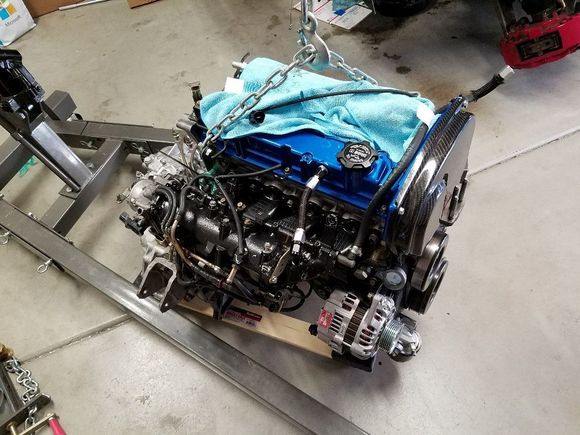 Engine changed to hoist about to touchdown on harbor freight roller cart.