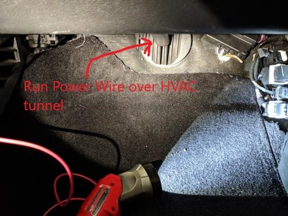 Route power wire from HSWM over the HVAC tunnel in the passenger footwell