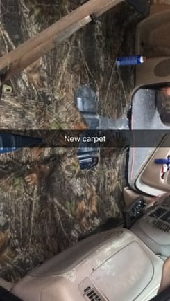 Ripped out the old stained and dirty stock carpet. Decided to go with some Mossy Oak carpet like fabric to replace it.