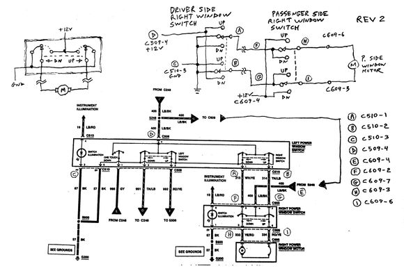 This is the wiring diagram for the window switches and motors on a 1999 F-150. At top is my (hopefully) equivalent diagram of the passenger side in a more standard electrical schematic form. *Beware* I don't guarantee the accuracy my schematic, but I think it's close. Also, on my truck, some of the the wire colors are different from the Ford diagram.