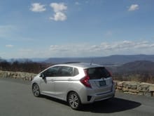 Just returned from a road trip to western and southwestern Virginia covering 1,040 miles and I must say the weather was quite nice along the way.  One the last day however we had to beat it home fast to South Jersey since a snow and sleet storm was on our tail, but we made it safely.  Here's our Fit on the famous Skyline Drive, just north of Charlottesville, Virginia.  The elevation at this point, as I recall, was a little over 3,000 feet providing an awesome view of the Shenandoah Valley.