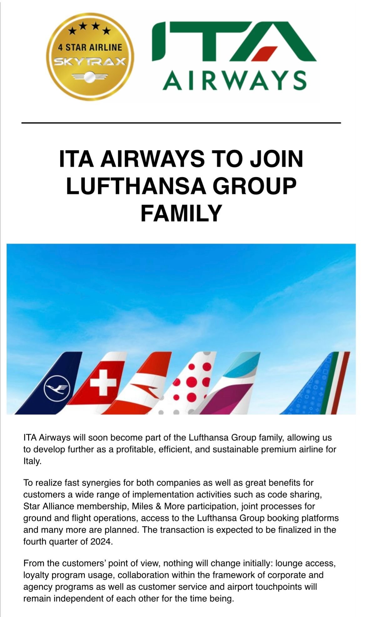 FB members on ITA airways [ITA has left Skyteam on Feb 3rd, 2025