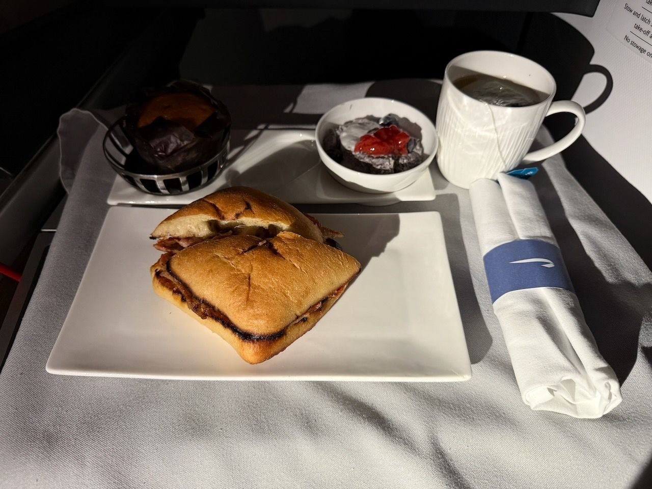 This prearrival meal was honestly pretty vile.  Sweet on sweet on sweet;  a chocolate chip muffin, a sweet chia pudding and a cloyingly sweet tomato jam on the 