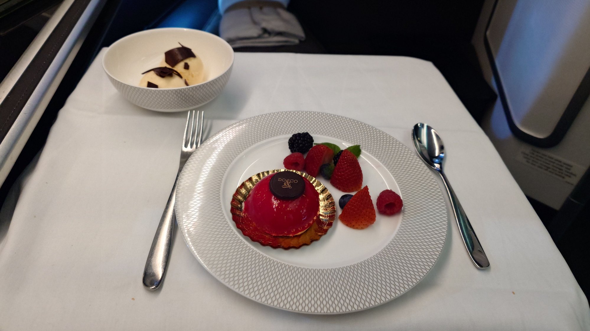 Red Nose Dome, white chocolate mousse, mixed berries. A firm favorite at this time of year and is you were in any doubt this is a British airline. The ice cream and chocolate shavings as back up which went down well too!