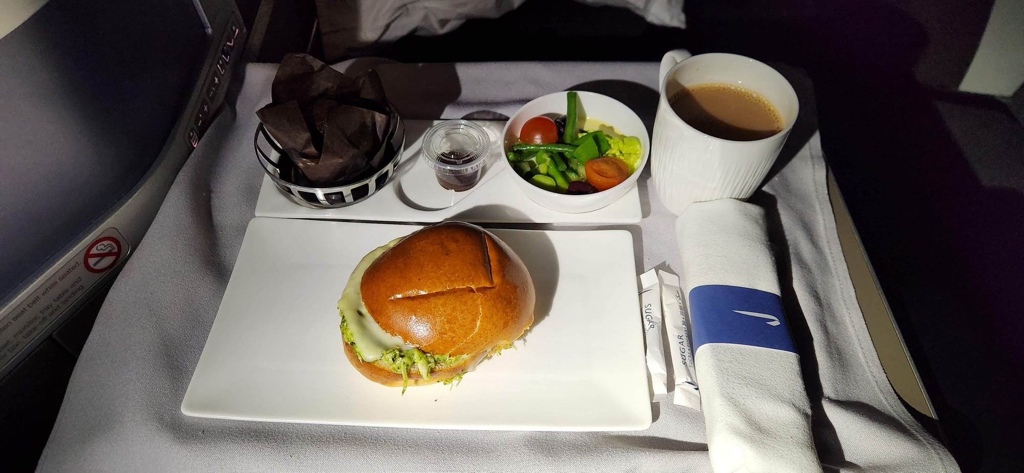Nicoise salad, green beans, French dressing, - Pesto chicken and cheese sandwich on homemade brioche bun - Chocolate chip muffin - Birchall English Breakfast tea
