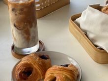 Banana chocolate Danish ; Iced soy mochachino