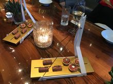 The Erasmusbridge signature appetizer set:
- tuna tartelette
- snickers bar (made of red beet) (Snickers bar  inspired by TV-show "snackmasters")