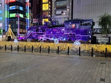 The steam train at  Western entrance to Shimbashi station ( JR yamanote line) about 10 mins from the Conrad. Worth making a detour imo.  There was a regular light and music show ( Santa driving the train)