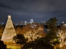 The  Odaiba Christmas tree ( illuminated all year iirc) outside Decks odaiba with Rainbow bridge in the background)