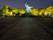 The peace park statue at night. i do not recall the led lights being here in 2023. A nighttime visit is a different experience compared to a daytime visit.