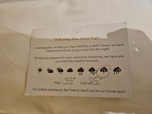 Weather card during turn. Strange they would know it would be raining yet not train staff on getting guests umbrellas at the drop off 
