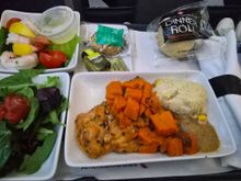 Dinner - Chicken, carrots, and potato mash with a salad and shrimp appetizer. Gluten free cookie and gluten free roll.