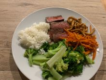 Sous vide NY Strip steaks from Costco and lots of veggies. 