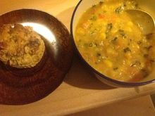 Pumpkin and corn chowder with pumpkin, spelt cornbread.