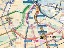 Tram network map with IC AMS location (cross)  - it is served by trams 1 4 7 19 24 at stop "halte Frederiksplein"  - a 5 minute walk over the bridge