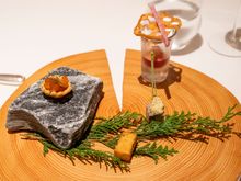 Chickpea Fritter, Salmon Caviar Tart, Mulled wine mousse with fried lotus root and sweet potato dusted with ume.