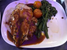 Rosemary chicken with cheesy “truffle” polenta (didn’t taste the truffle ... yay), garlic broccolini, blistered tomatoes, and red wine Demi glaze.  Very tasty!  I do not like the taste of mushrooms, including truffles, so I was glad I couldn’t/didn’t taste it in the polenta!