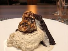 Warm chocolate brownie, Espresso cream, walnut & pumpkin seed brittle