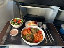 Impossible meatballs with side Green salad, and raspberry cheesecake..meatballs were delicious!