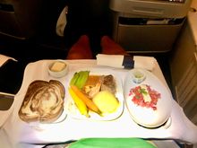 Appetizer of (tiniest ever) slice of halibut with vegetable ceviche and main course tenderloin with seared shrimp 