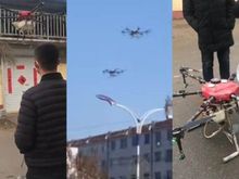 Agricultural spray drones take to the skies to disinfect.