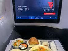 From FRA: pike-perch..this was outstanding…one of the best airline meals out there. It helps that pike-perch is one of the tastiest, most flavor-packed fish out there but the whole dish with zucchini hash browns and roasted potatoes all came together really well!