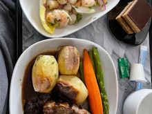 Iceland Air Seafood Salad with Beef Steak, Potatoes with Symphony Opera Cake (almost like a Tiramisu)