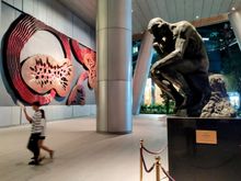 The foyer of a nearby high-rise building resembles an art gallery!