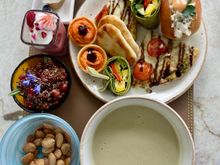 Lunch: Chicken Salad Sandwich, Cream of Leek Soup, flatbread with tomato/balsamic, quinoa, veggie wrap