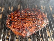 Balsamic/soy/EVOO/garlic marinated flank steak just before coming off the grill. 