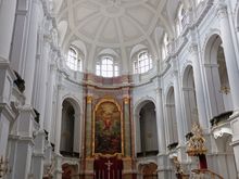 The interior of the Katholische Hofkirche is somewhat austere