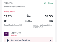 Upper class, ICN to LHR, 57,500 points plus $340 in taxes 