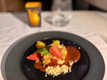 Lunch dessert - Warm salted caramel and almond cheesecake vanilla ice cream, hot fudge sauce and orange

Okay-ish 6/10 but continuous recurring theme of overly sweet and overly indulgent desserts on QR. Need more variety with lighter dessert options from time to time.