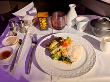 Late Night Dining - Ginger chicken with Sesame sauce and steamed Japanese rice, served with clear prawn soup, Sake.