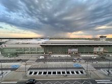 View from the suite over the airport (with rain shower in the distance)