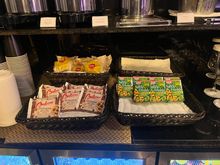 Snack varieties during club lounge hours (also available were water, soda, juices, wine, beer, and Prosecco)