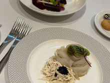 Halibut and beetroot salad. Halibut: Interestingly the t3 and t5 versions taste fairly different - the t5 being much less mayonnaise-y and to me much better. Beetroot - as many know, the roast veg salads are often my preferred dishes in the ccr. This one is very good but I think the pickled onions are a mistake and the dish would be a lot better without.