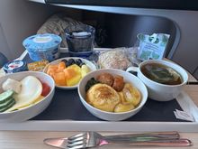 Breakfast on HEL-KIX. A souffle-like omelette and two types of potatoes. Quite tasty.