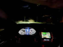 Driver view at night -- the headlights are very powerful. This place is pitch black 
