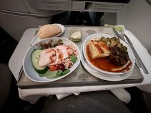 Sliced chicken starter, steak entree