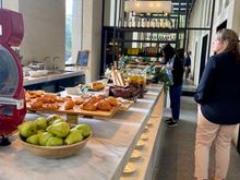 Breakfast buffet, pastry, fruit and vegetable section 