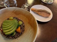 Black Quinoa superfood salad, avocado, chilli, broccoli, sweet potato, pomegranate, toasted seeds (ve)
Small 200kcal £14.50  add Grilled free-range chicken 165kcal £10