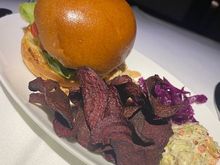 Pulled Turkey Burger with Onion Balsamic Jam, Coleslaw and Beetroot Chips