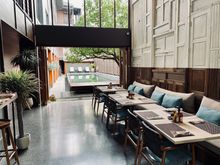 Lobby seating area and swimming pool