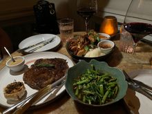 Australian Wagyu Rib- Eye with a side of water spinach and Thai Style deep fried baby chicken