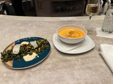 Soup and salad as the starter. No chunks of lobster in the bisque so I’m assuming it was all blended in…

