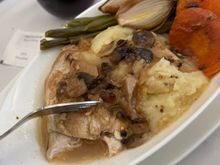 Wet & mushy - only ate the chicken & some mash after decanting said items onto the larger base plate. Much better.