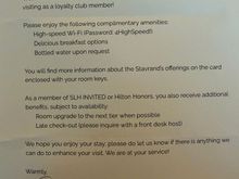 Welcome letter with benefit for Hilton guests