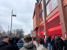 It was cold! Waiting in line whilst the Wolves fans wandered past (out of shot) with familiar chants about fans of Liverpool.